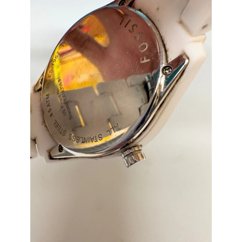 Fossil Stella White Resin Multifunction Watch Crystal Bezel 38mm Need Battery